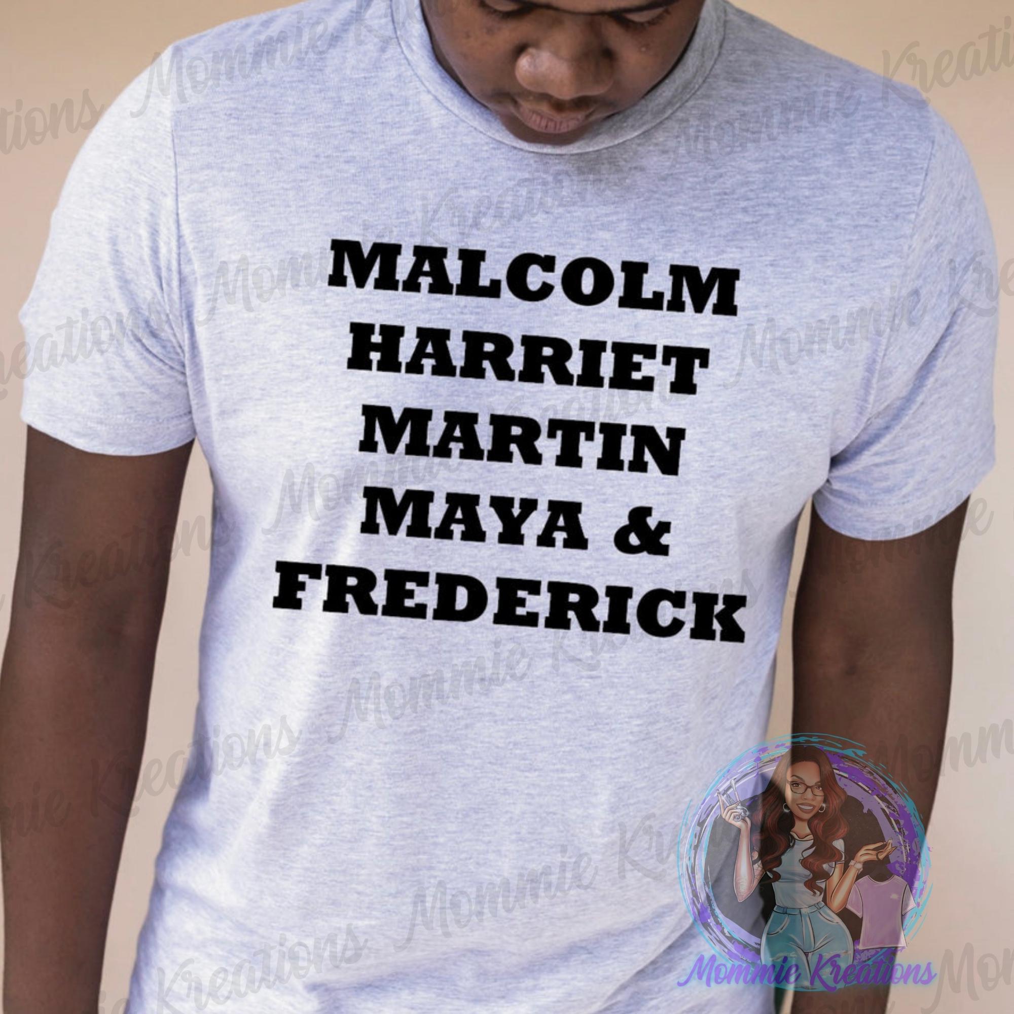 martin harriette malcom c lip art Black History Malcolm Harriet Maya & Frederick Men's Crewneck Short Sleeve Back Print T-shirt Malcolm X SVG: Civil Rights